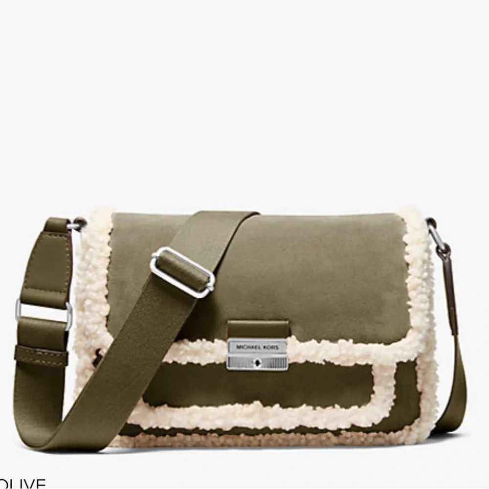 MICHAEL KORS Bradshaw Medium Suede and Faux Shearling Messenger Bag Olive  NWT